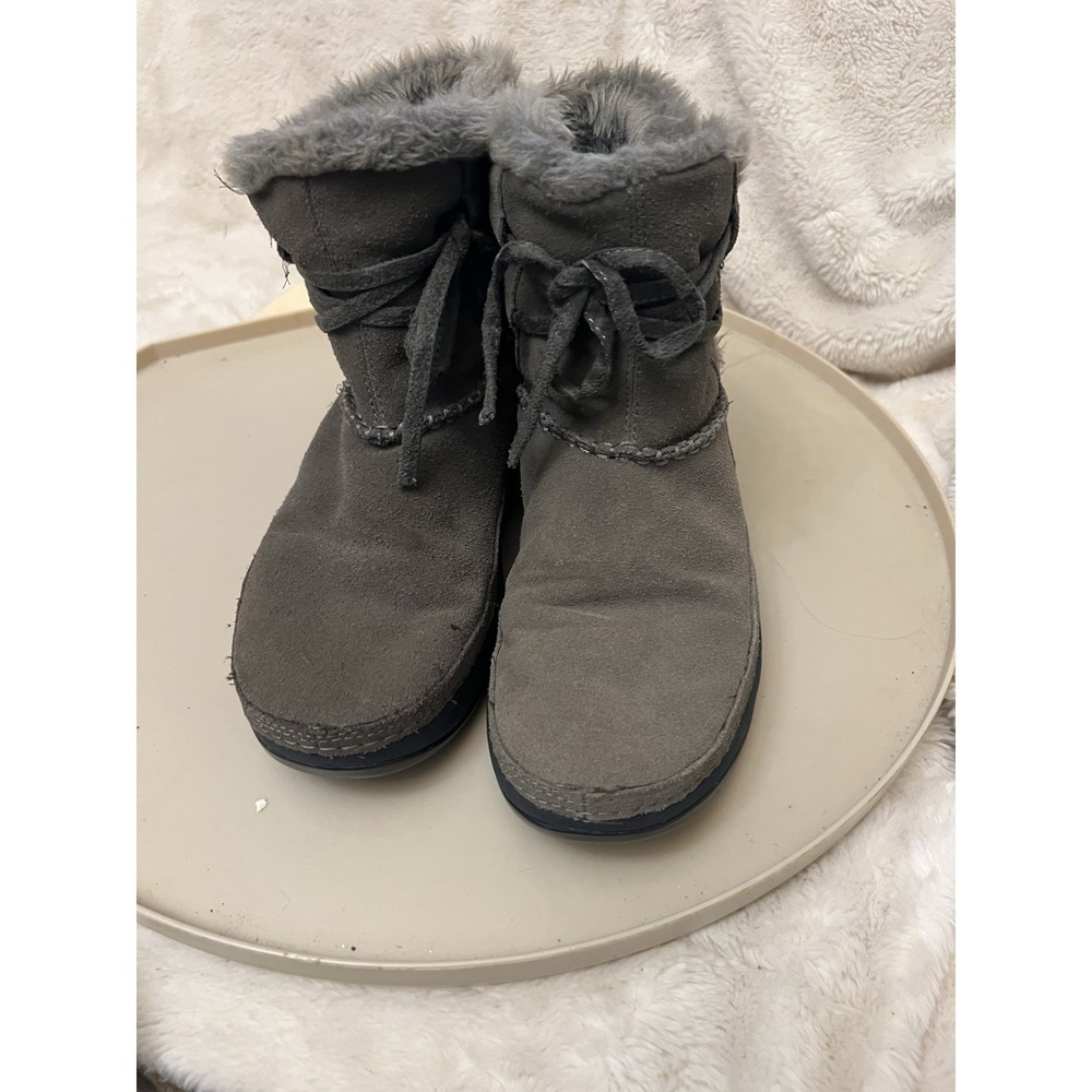 Skechers Tone-ups Boots Gray Suede Platform Sole Faux Fur Toner rocker sz 8 38